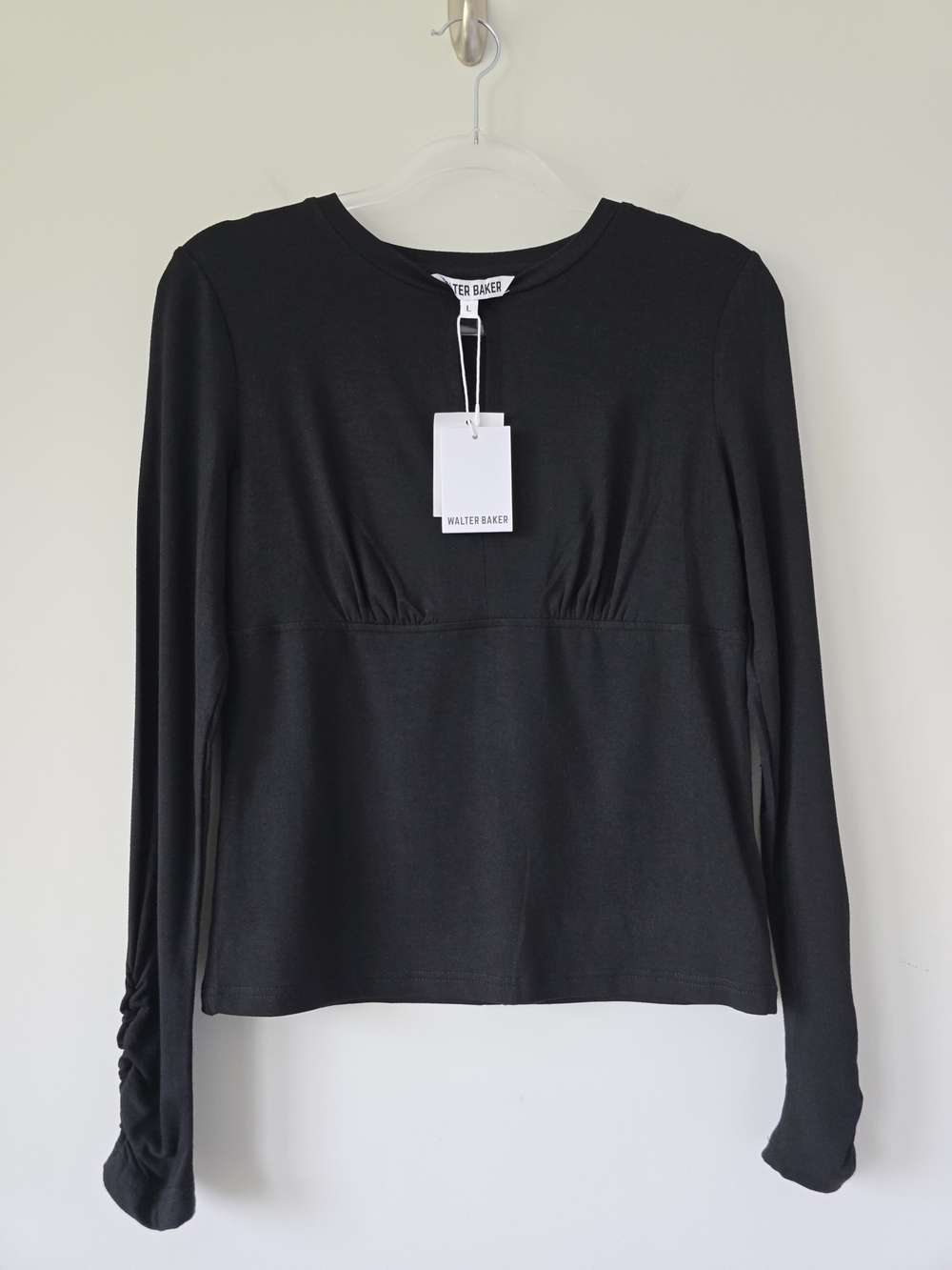 Walter Baker Casey Long Sleeve Knit Top Black Ruched Size L NWT